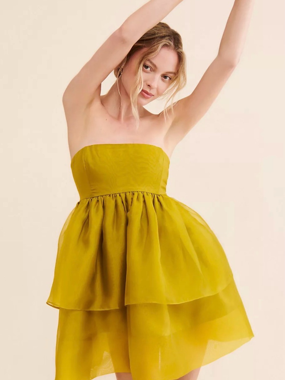Let Me Be- Strapless Layered Mini Dress in Bright Green/Yellow